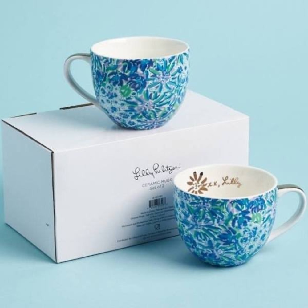 Lilly Pulitzer Ceramic Mugs Set of 2 Blue Floral Gold Handle 12oz LIL-HO-001 NWT